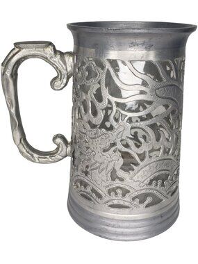Ngan Winghing Asian Dragon Decorated Glass Lined Pewter Tankard Korea Vtg